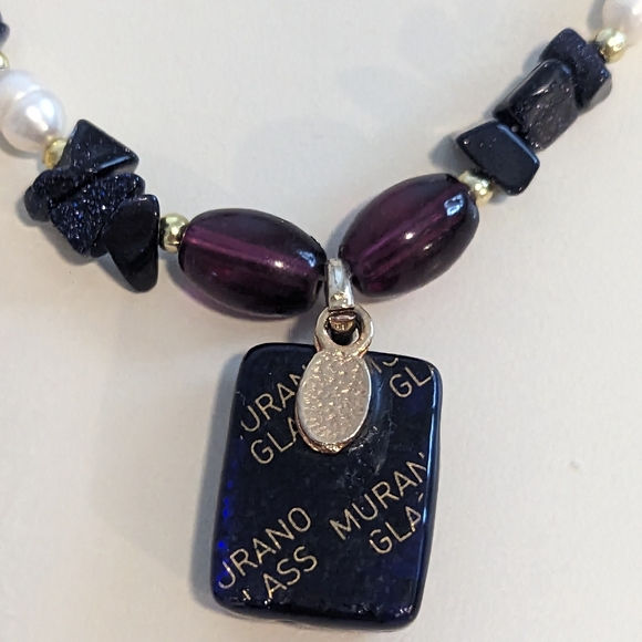 Vintage Baroque Pearl Blue Goldstone & Murano Glass Pendant Necklace & Earrings - Picture 4 of 9